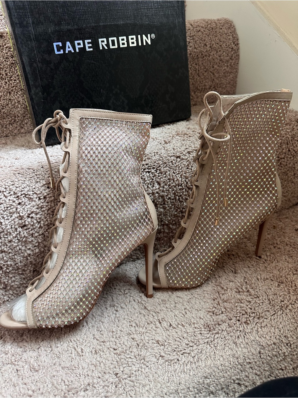 Cape Robbin Nude Rhinestone Mesh Lace-Up Stiletto Booties